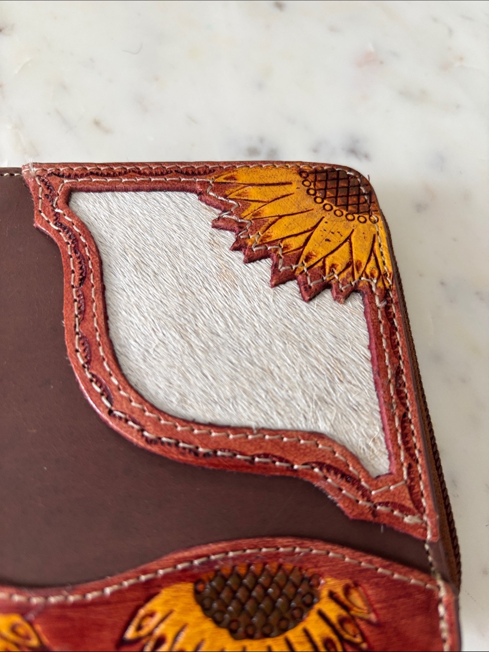 Myra Bag Brown Leather Zip Wallet with Sunflower Appliqué - Picture 3 of 8